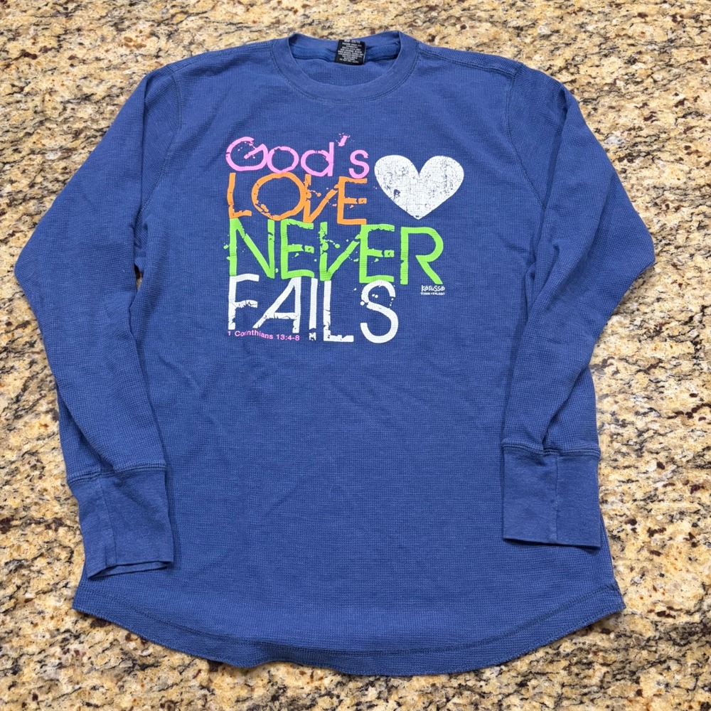 Kerusso God's Love Never Fails Blue Waffle Knit Thermal Long Sleeve Shirt XL